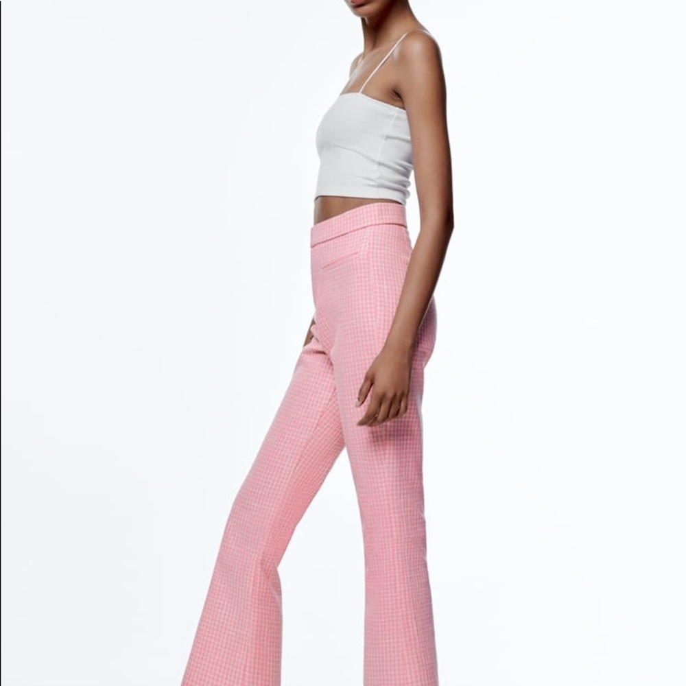 Zara Pink Gingham High-Rise Flared Pants - Picture 2 of 9